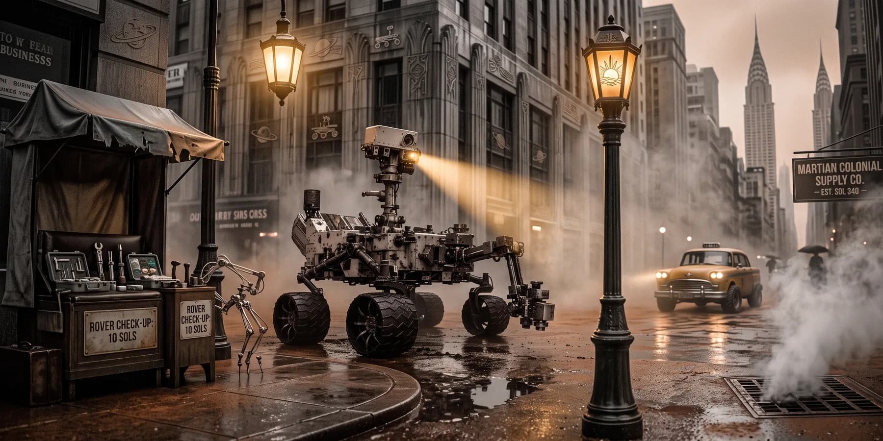 Fictional Curiosity concept art: The rainy avenue
