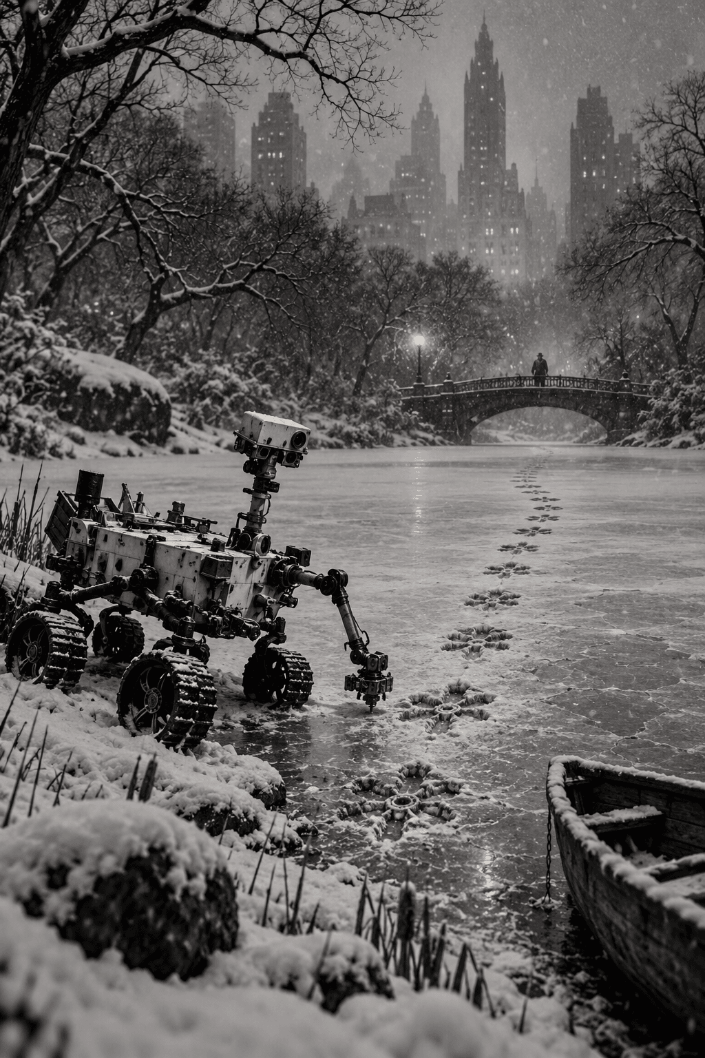 Fictional Curiosity story artwork: During a Central Park snowstorm, six-pointed impressions lead toward a silent figure on the bridge.