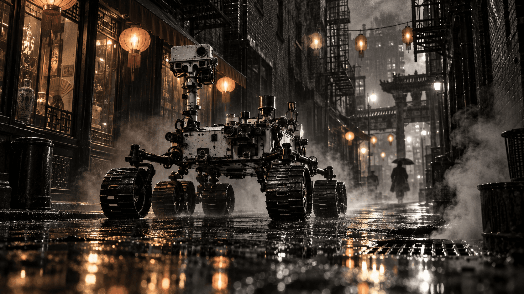 Fictional Curiosity story artwork: Lantern light catches a trail across the rain-soaked alley. Curiosity follows it through the steam while a figure beneath an umbrella keeps its distance.
