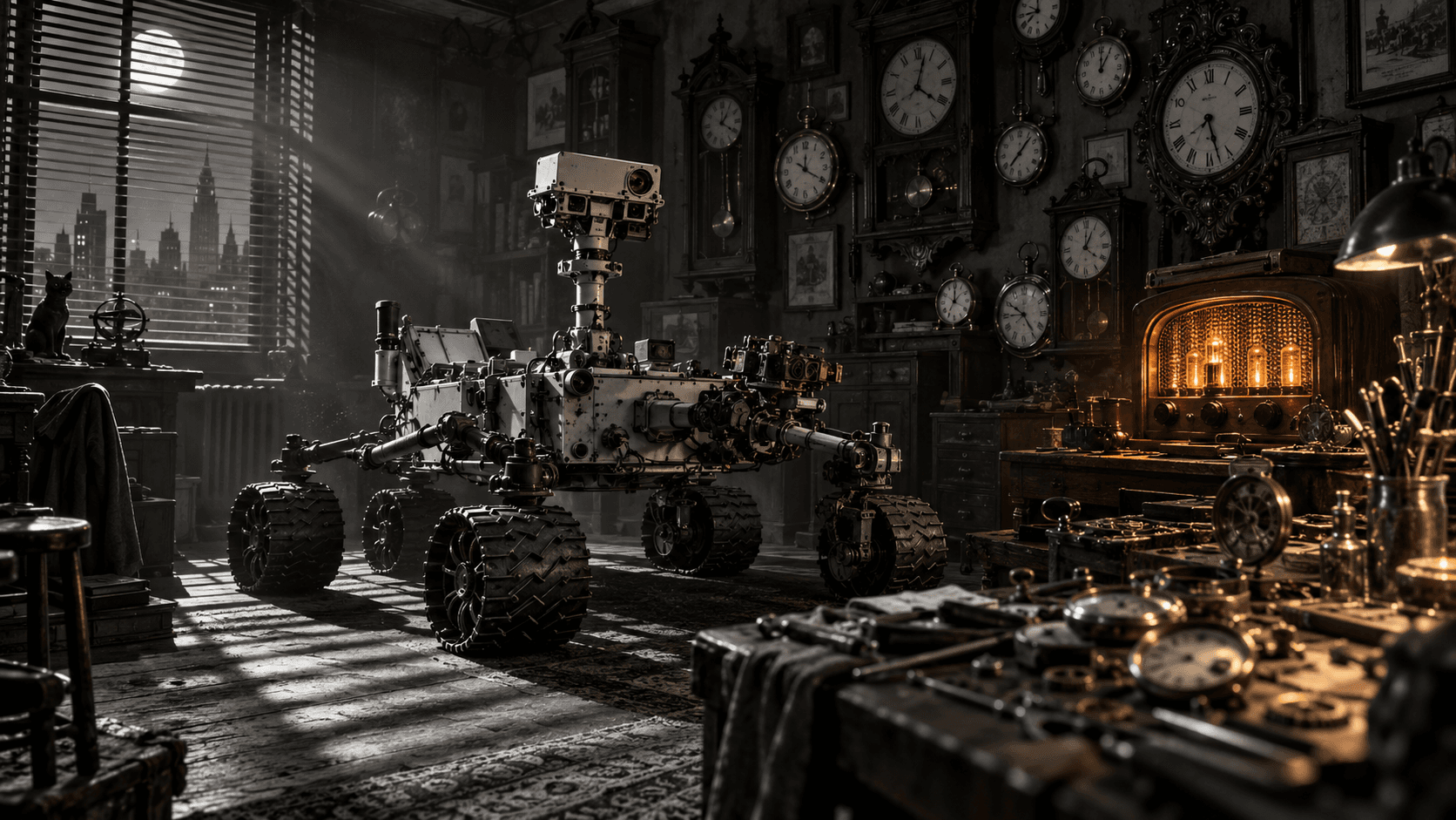 Fictional Curiosity story artwork: Every clock in the workshop tells a different time. But when an old radio picks up Curiosity’s transmission, their hands begin turning together.