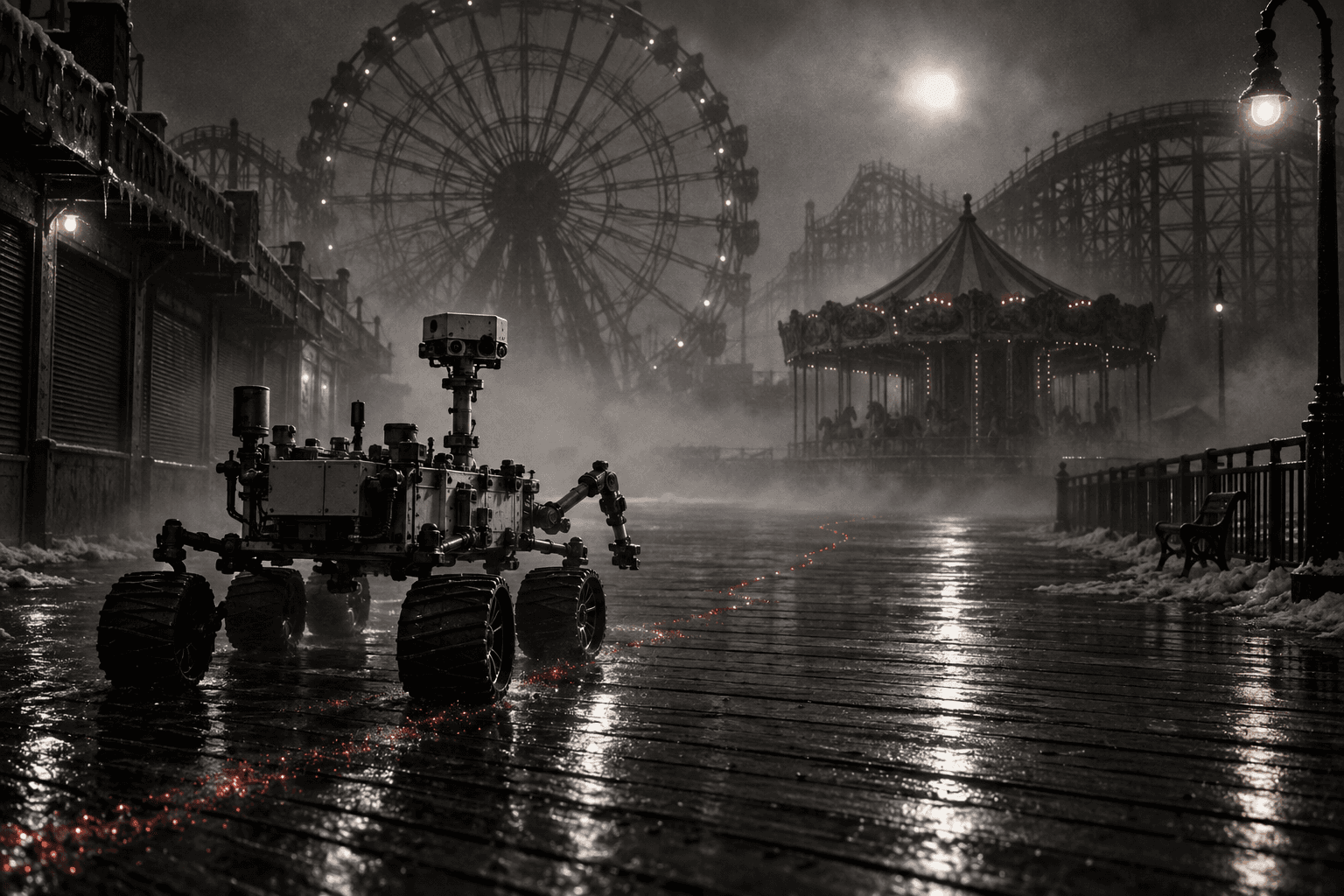 Fictional Curiosity story artwork: Mysterious red grains lead Curiosity through an abandoned Coney Island after dark.
