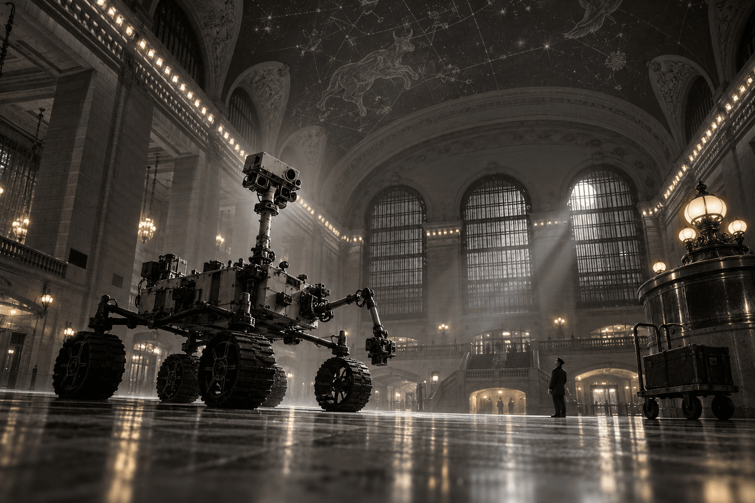 Fictional Curiosity story artwork: Curiosity searches Grand Central's painted constellations for a route back to the real sky.