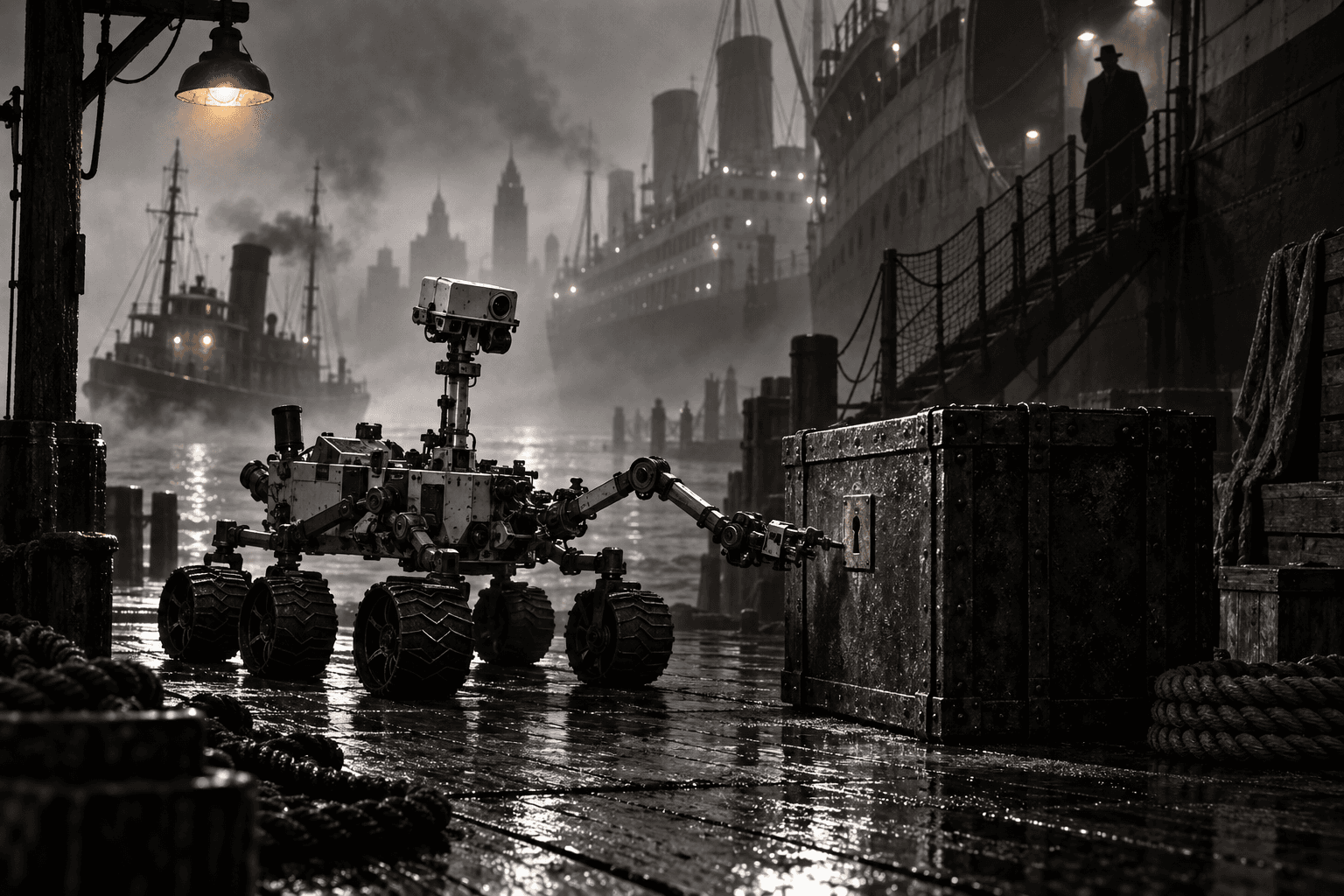 Fictional Curiosity story artwork: At the fogbound docks, a locked cargo box may hold the answer—or another question.