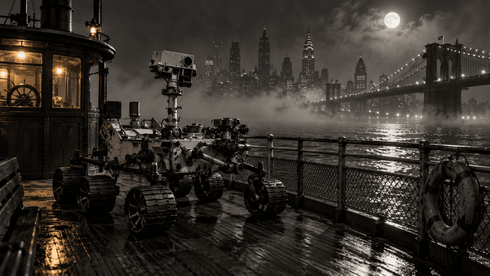 Fictional Curiosity story artwork: Aboard an empty East River ferry, Curiosity receives a signal from the opposite shore. As Manhattan vanishes into fog, the signal begins to move.