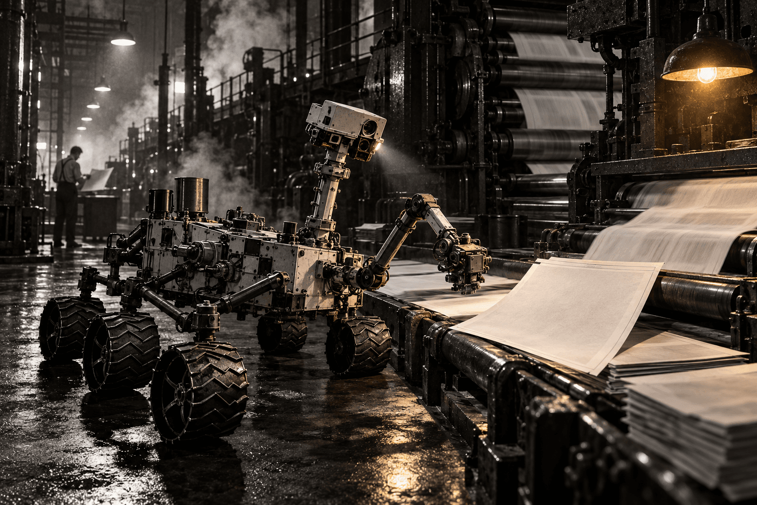 Fictional Curiosity story artwork: At an overnight printworks, a blank front page hints that someone has erased tomorrow's story.