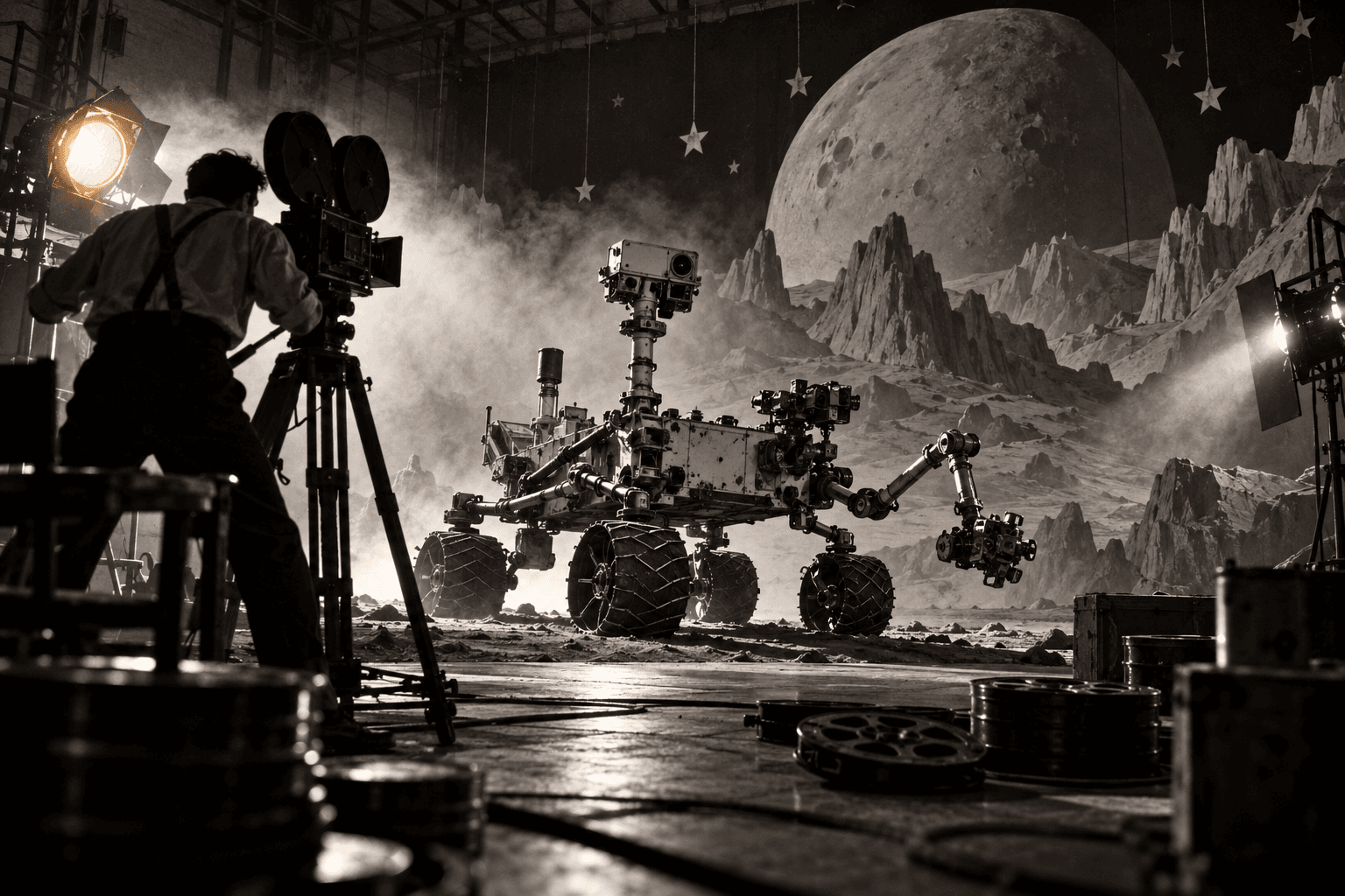Fictional Curiosity story artwork: Inside a silent-film studio, the rover finds a handmade version of the planet it was meant to explore.