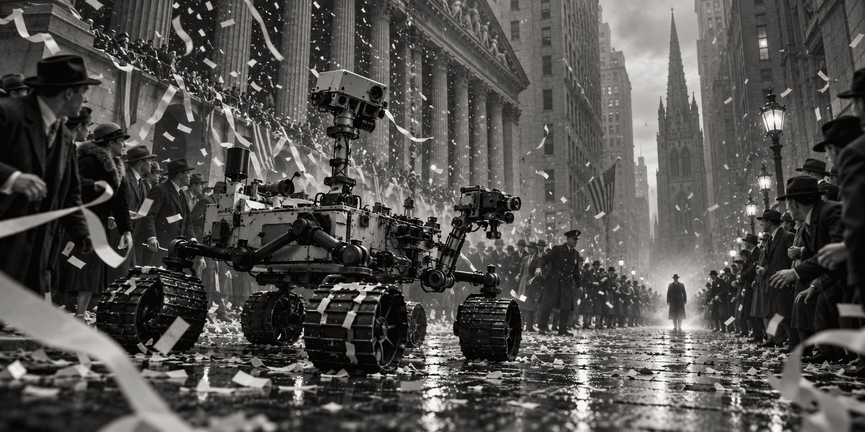Fictional Curiosity story artwork: A Wall Street parade parts around Curiosity while it follows one elusive figure through the confetti.