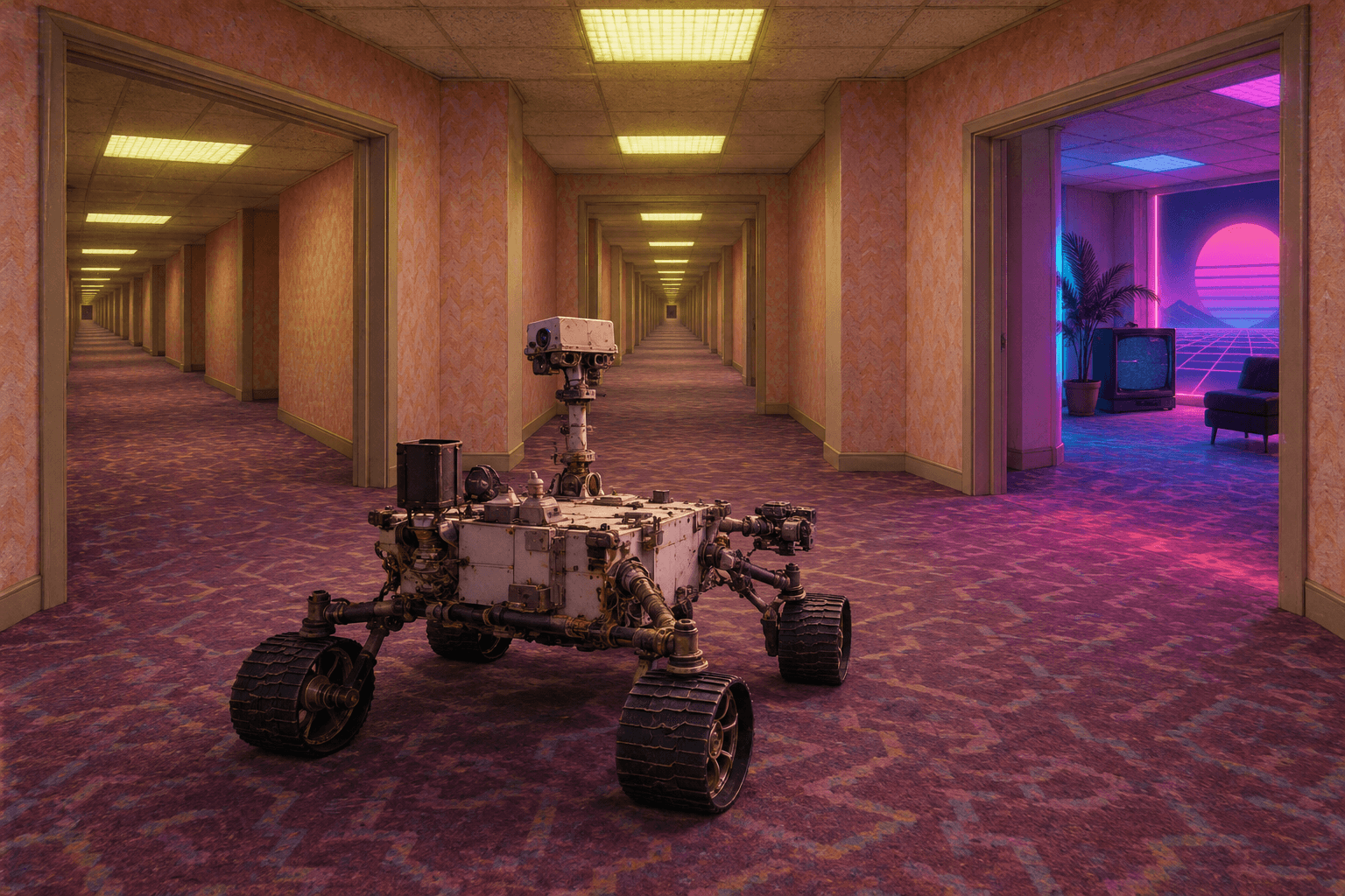Fictional Curiosity story artwork: Alternate-world chapter: Curiosity enters a 1990s vaporwave maze where every hallway seems to repeat.