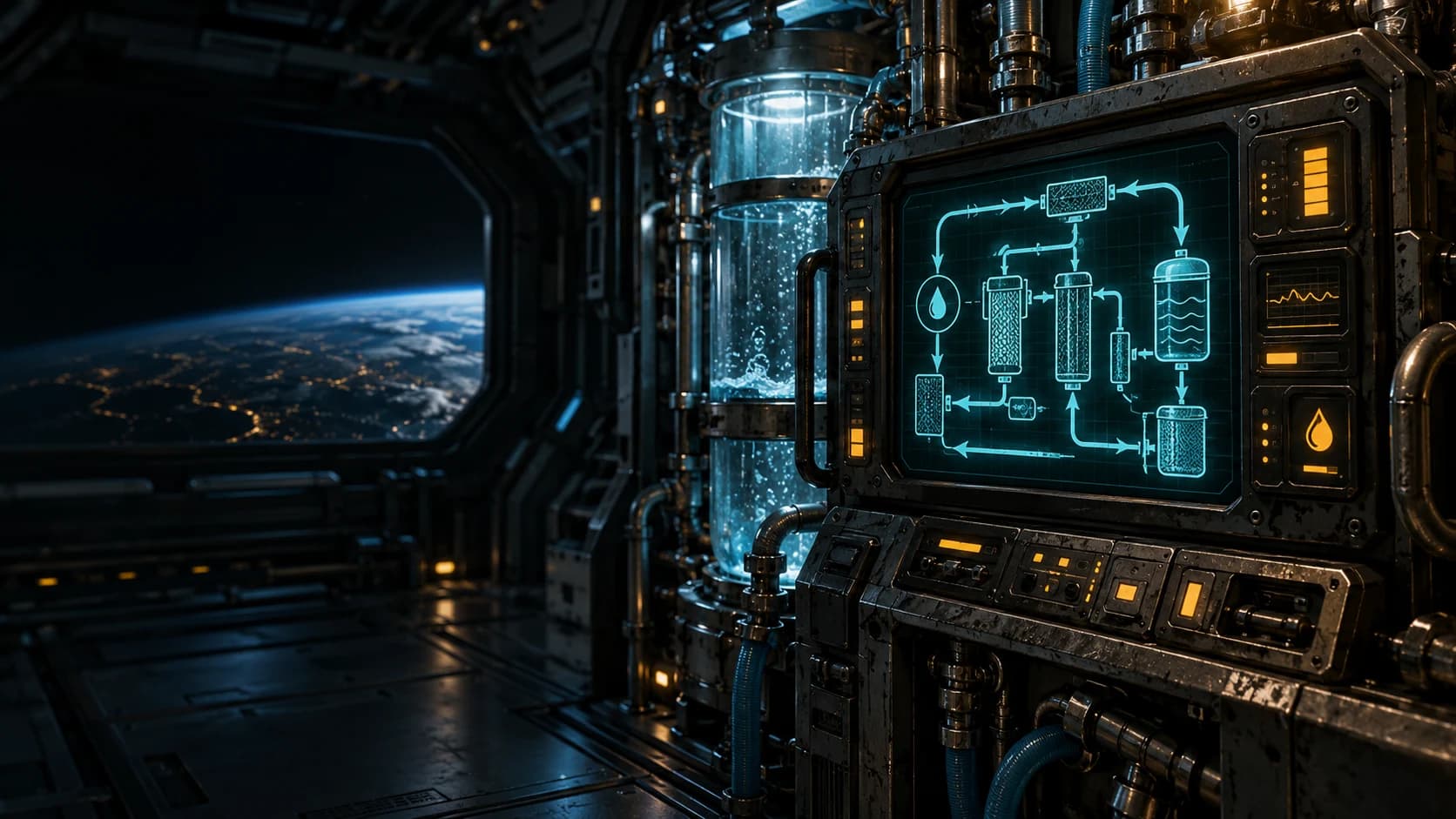Original concept illustration of a spacecraft water-recovery console