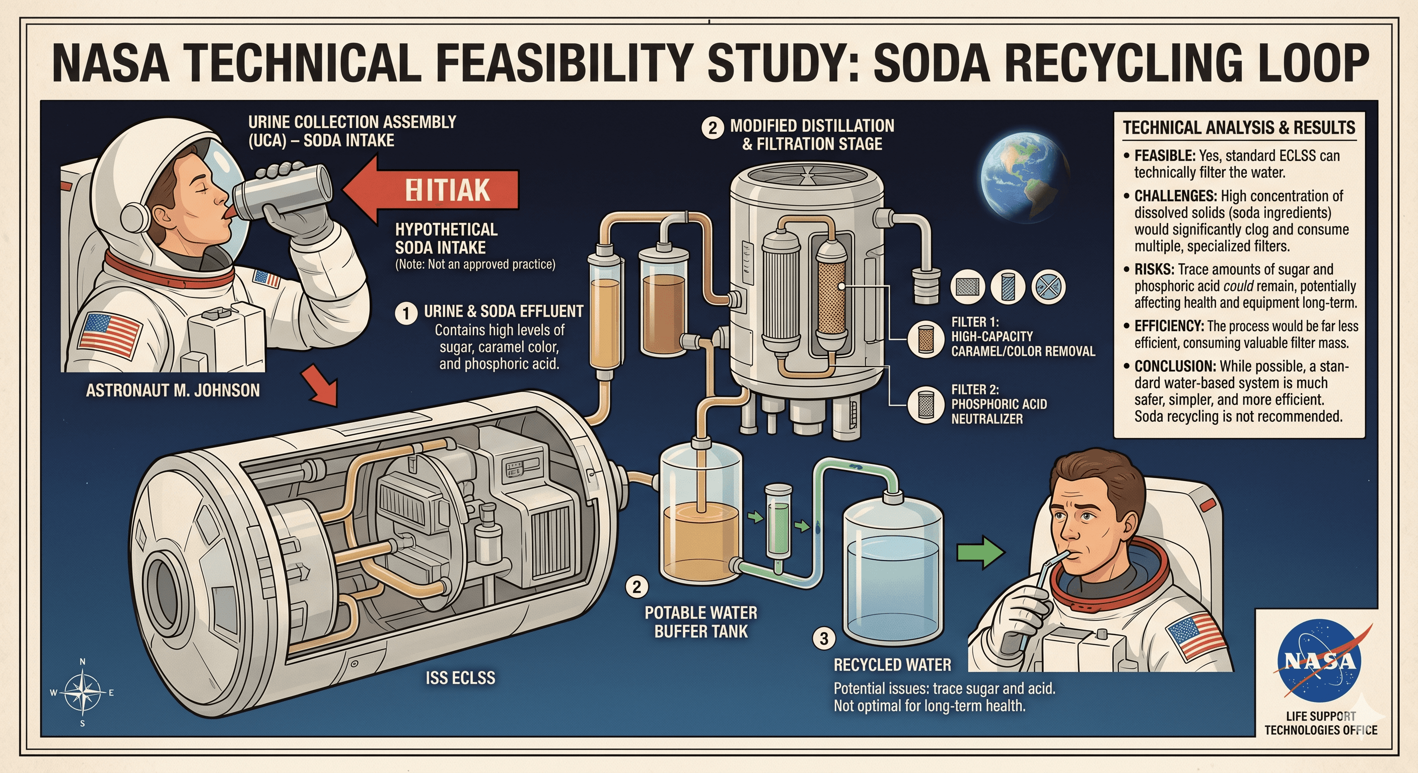 Humorous infographic concept showing a hypothetical soda-to-water recycling loop in space