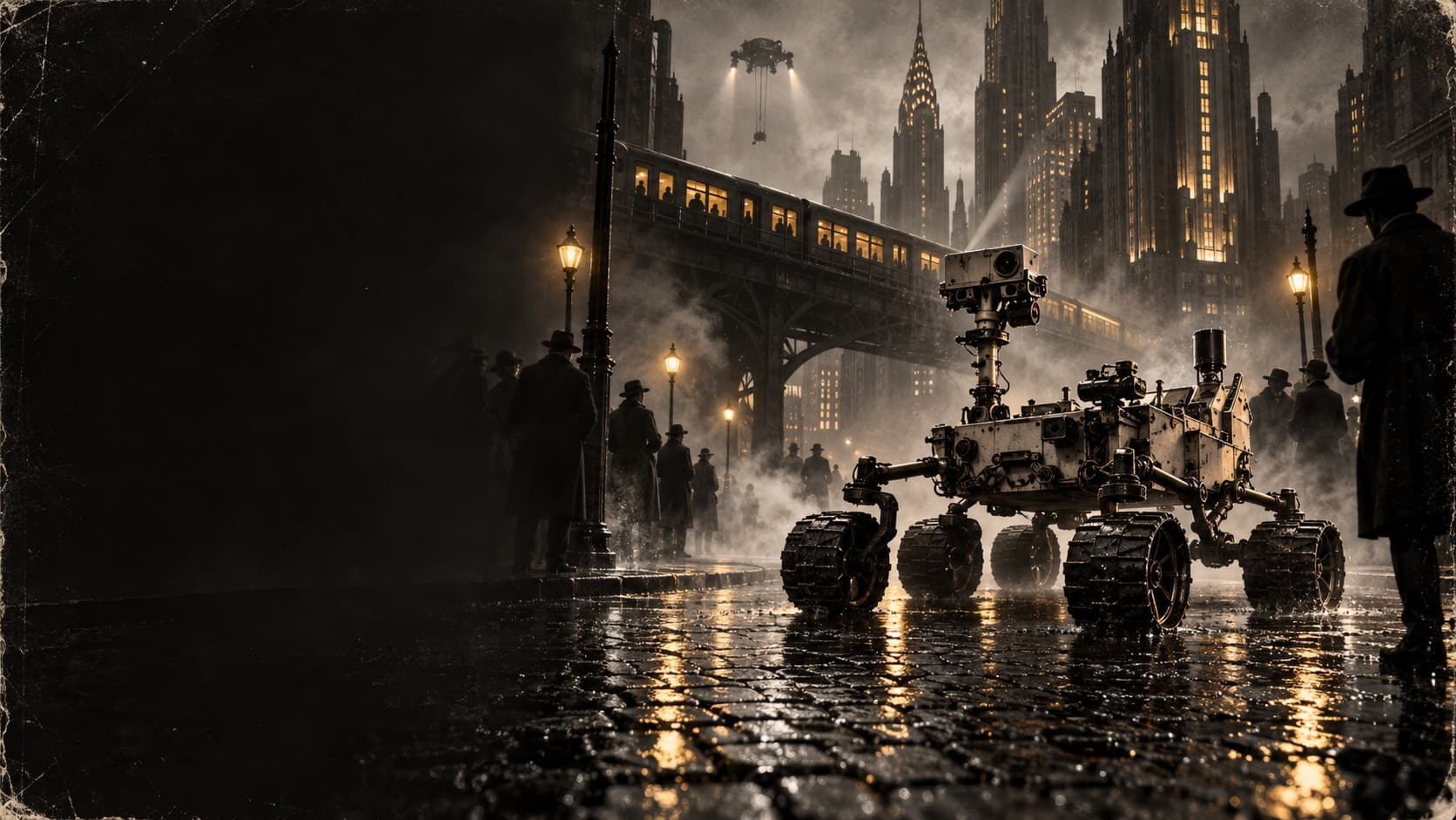 Fictional noir comic art of Curiosity on a rainy New York street
