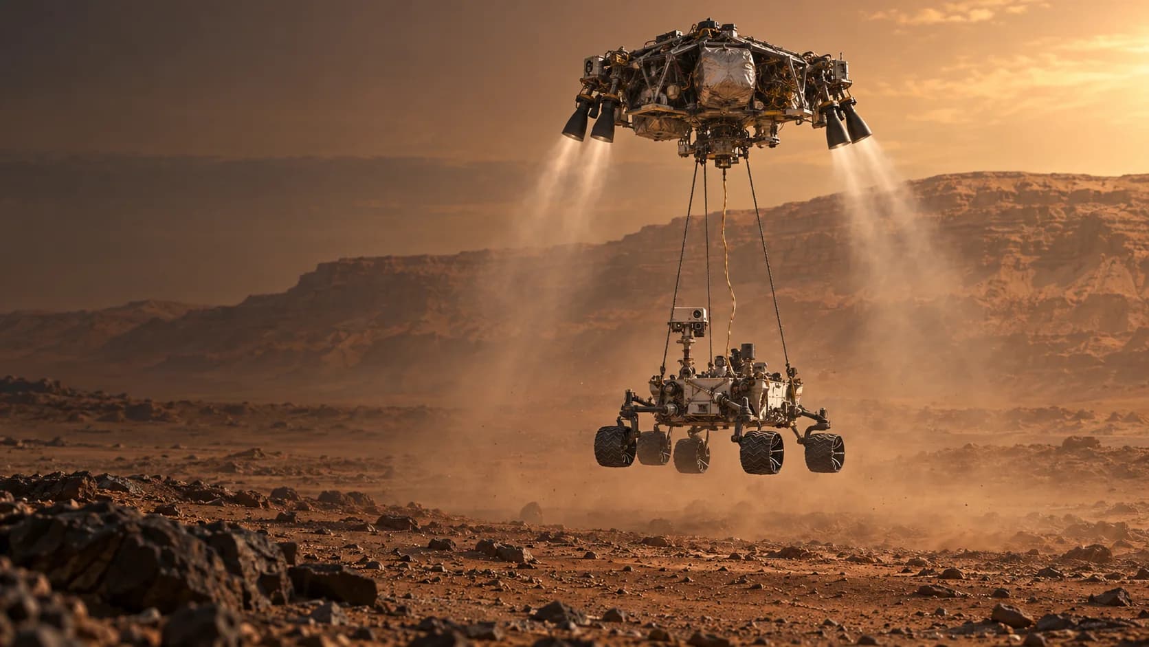 Concept visualization of the Curiosity rover descending beneath its Sky Crane on Mars