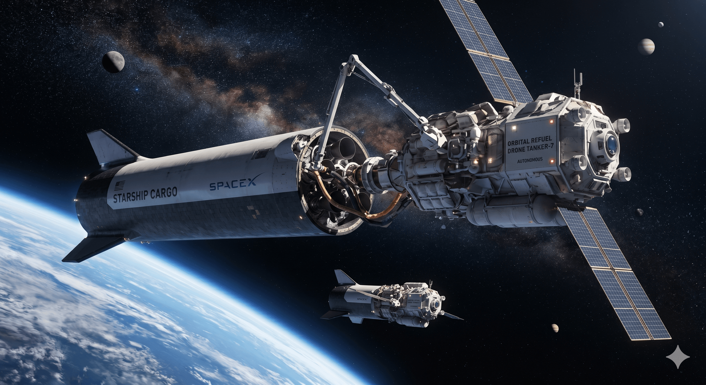 Concept artwork of a Starship cargo vehicle docking with an autonomous orbital refuel drone tanker above Earth