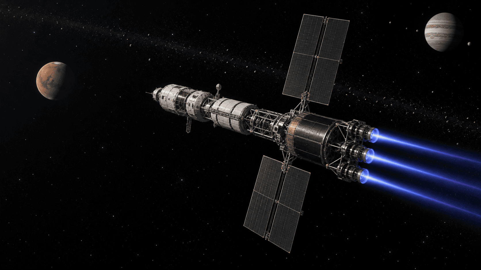 Concept rendering of a nuclear-electric crew transport firing blue ion thrusters in deep space