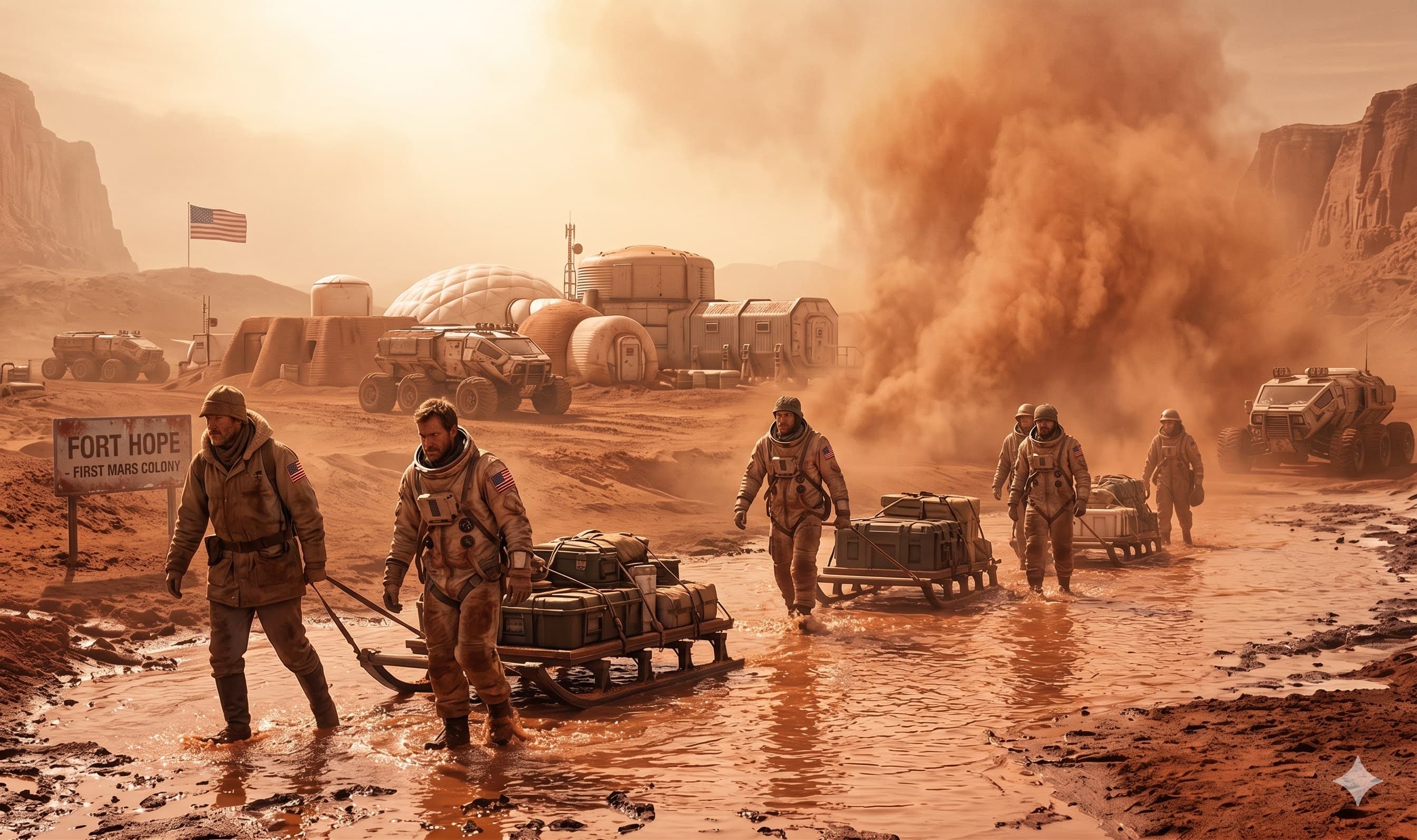 Concept art of the first Mars colony during a dusty workday