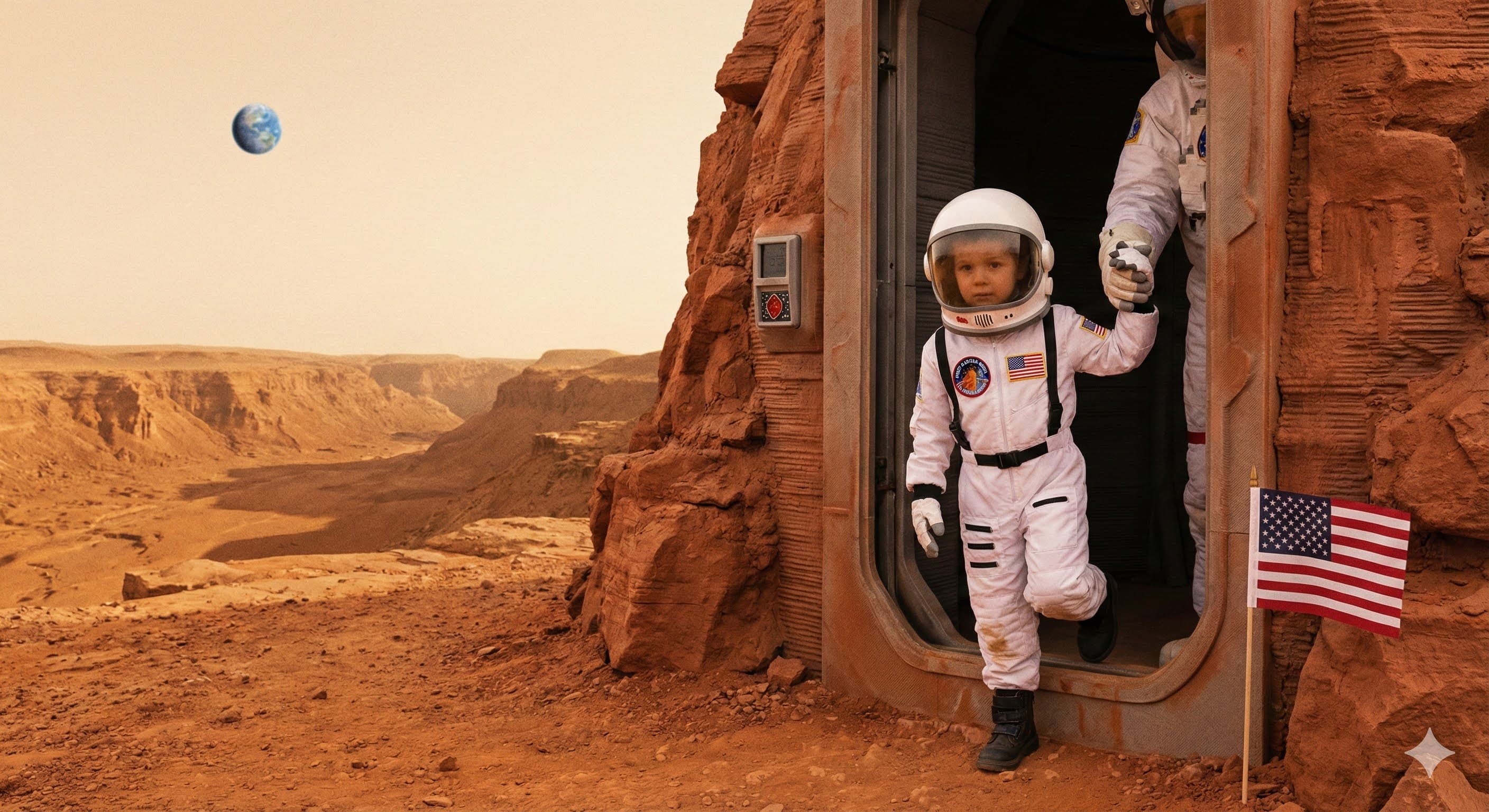 Concept artwork of a child stepping outside a future Mars habitat with an adult nearby