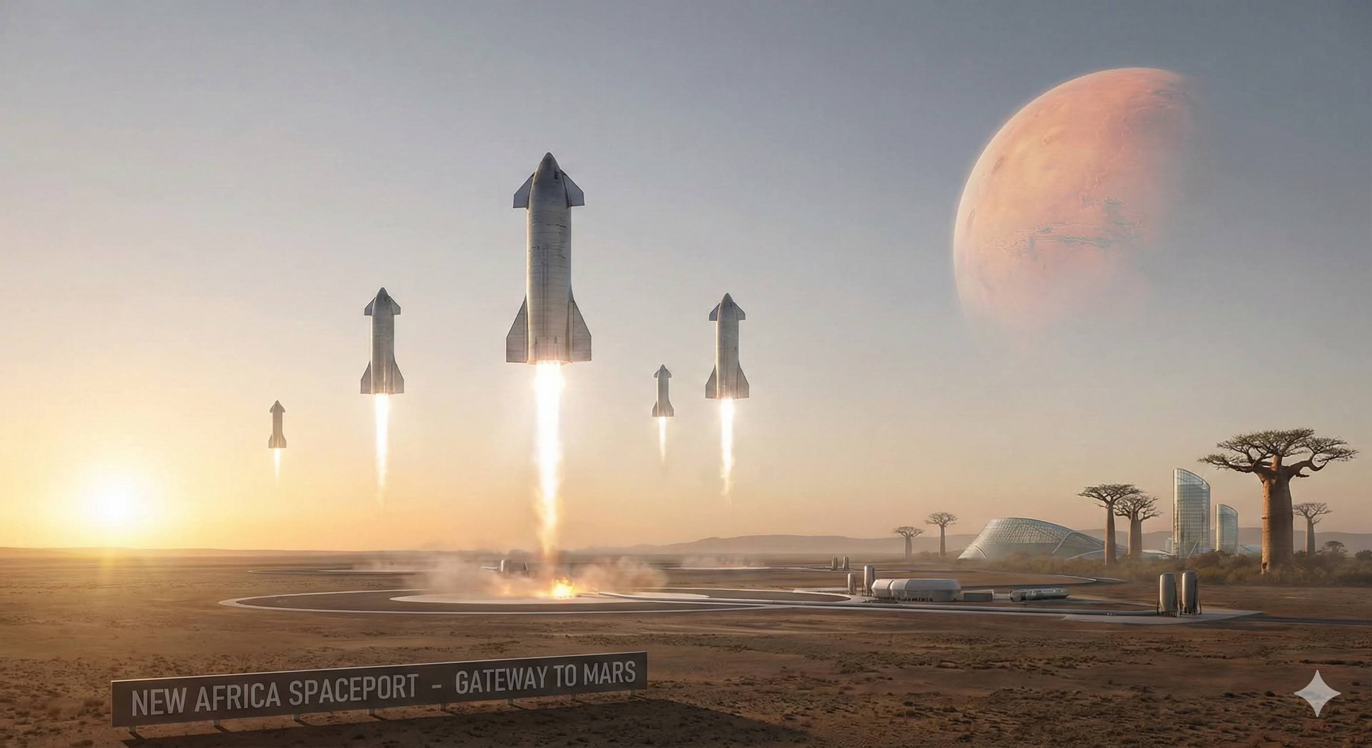 Concept artwork of a future Mars colony with habitats, domes, greenhouses, and surface vehicles