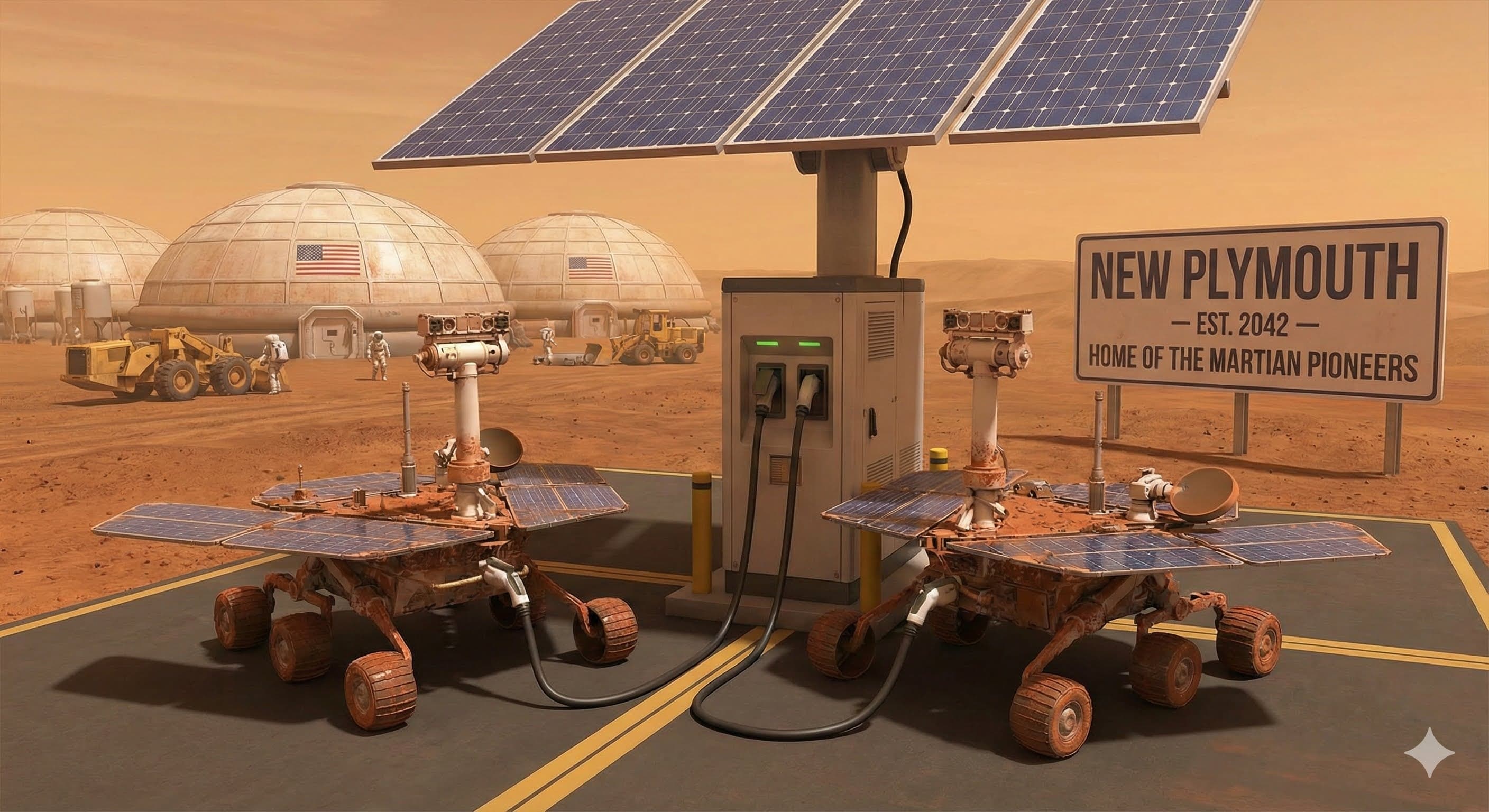 Concept artwork of a Mars settlement using solar arrays and robotic charging systems
