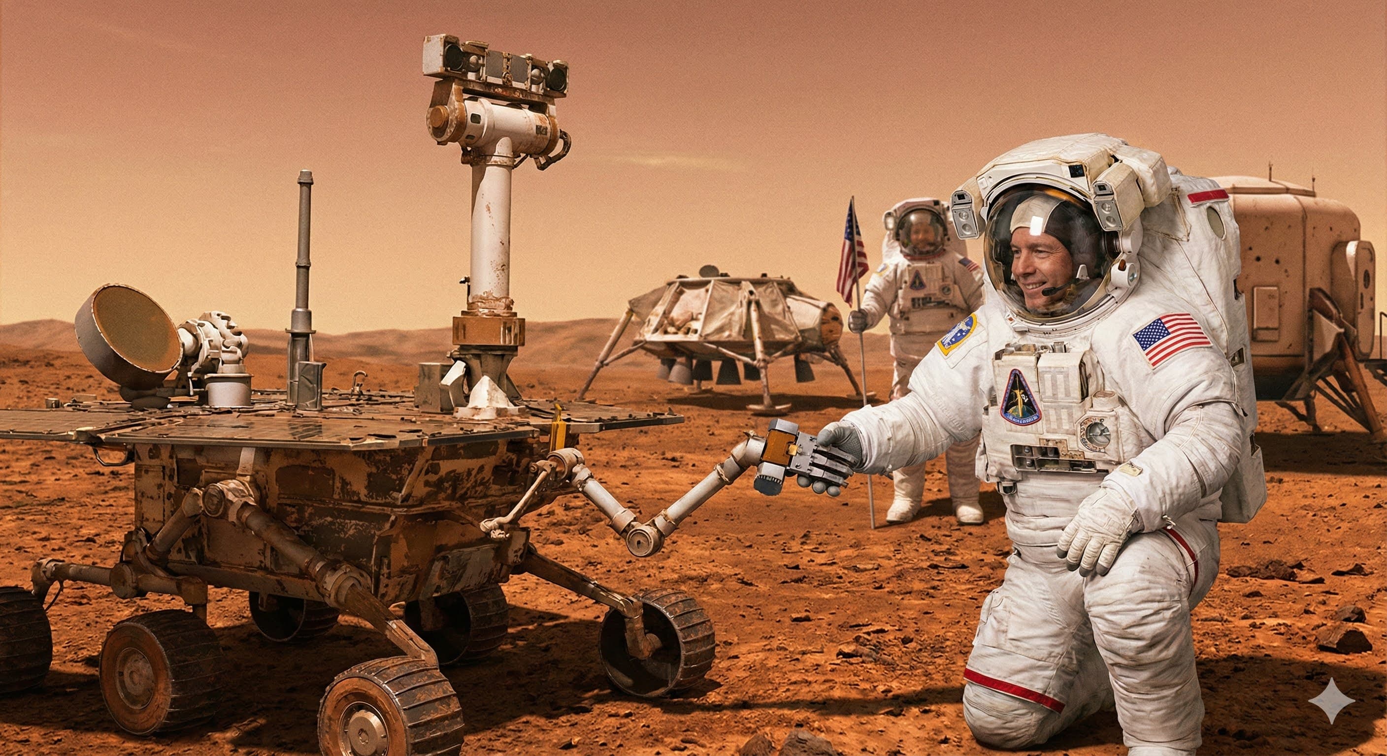 Concept artwork of astronauts and rover technology working together on Mars
