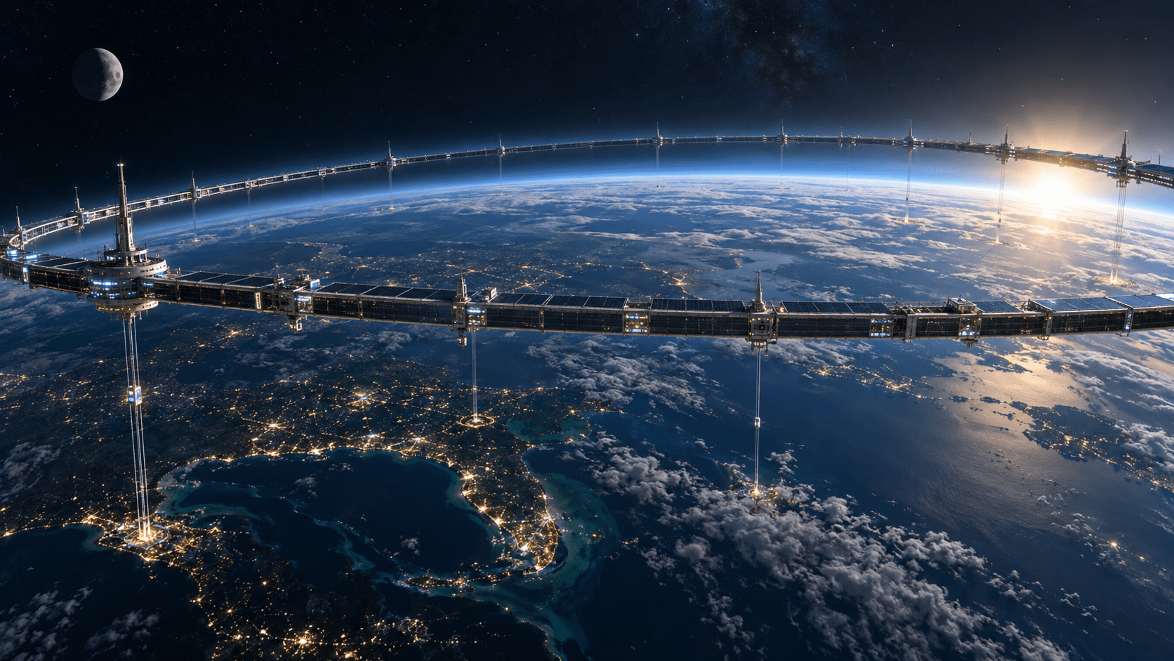 Concept illustration of an orbital ring circling Earth above the atmosphere