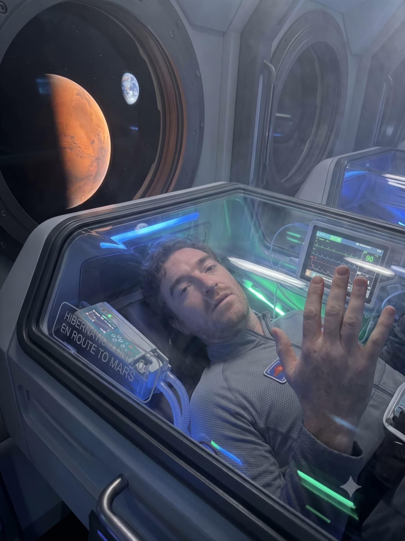 Concept illustration of a traveler inside a medical torpor pod during a voyage to Mars