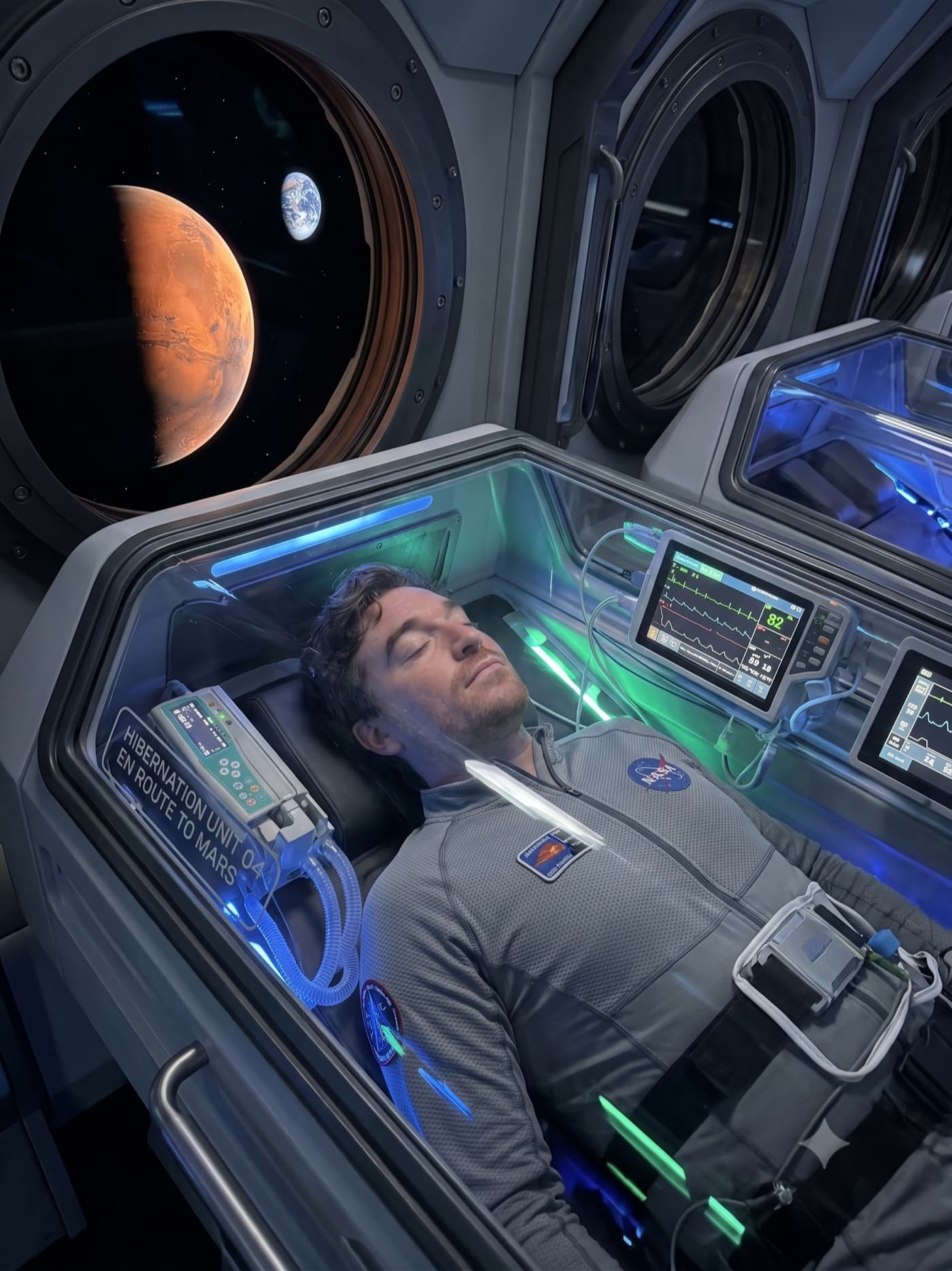 Concept illustration of a traveler resting inside a monitored torpor pod
