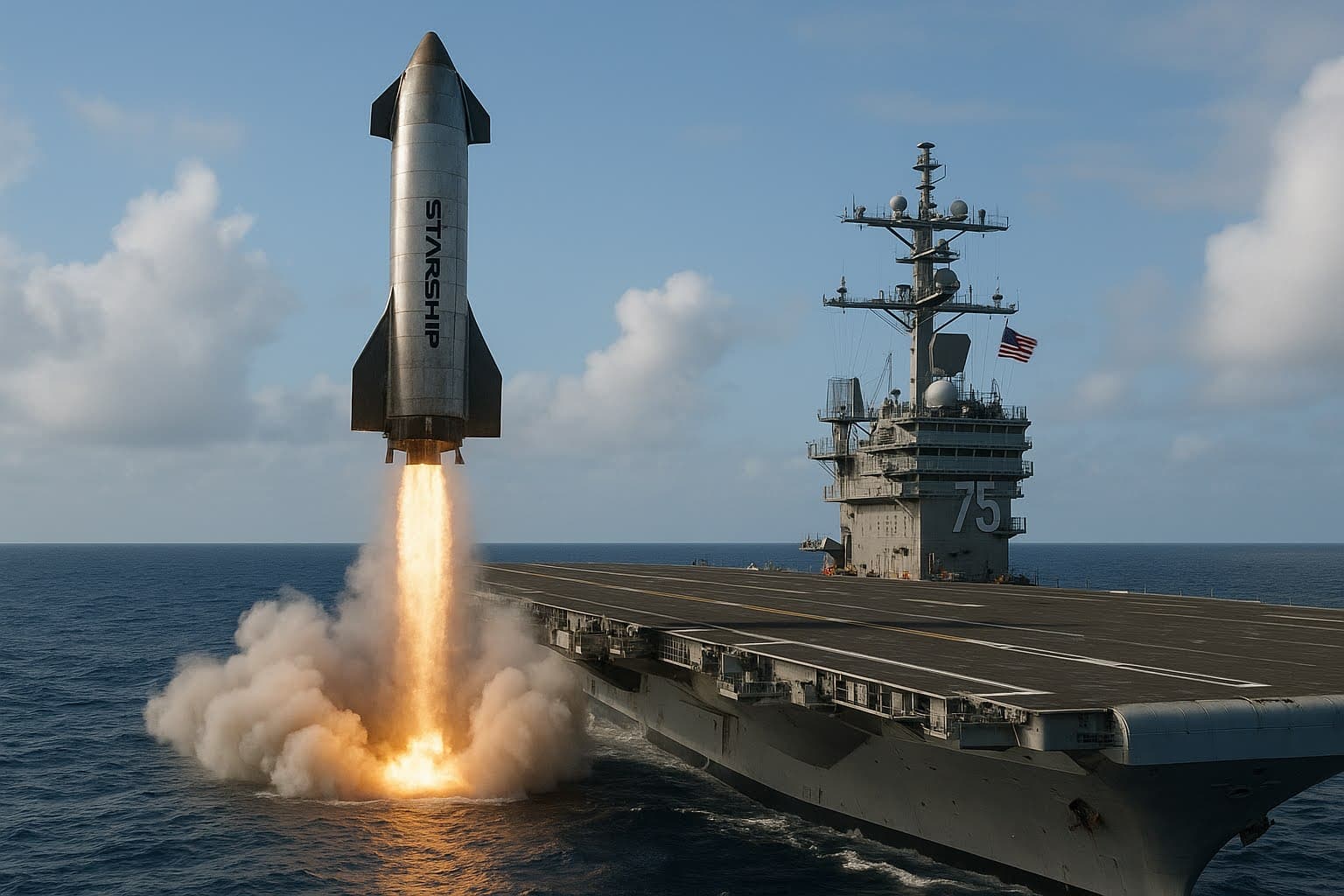 Concept artwork of Starship launching beside an aircraft carrier