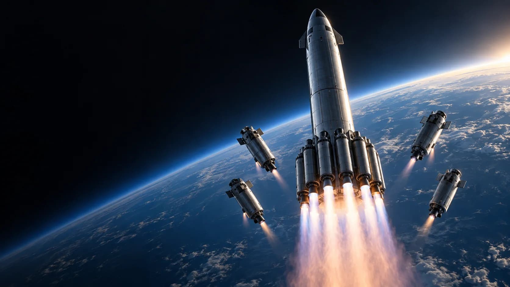 Speculative modular launch vehicle shedding reusable engine pods above Earth