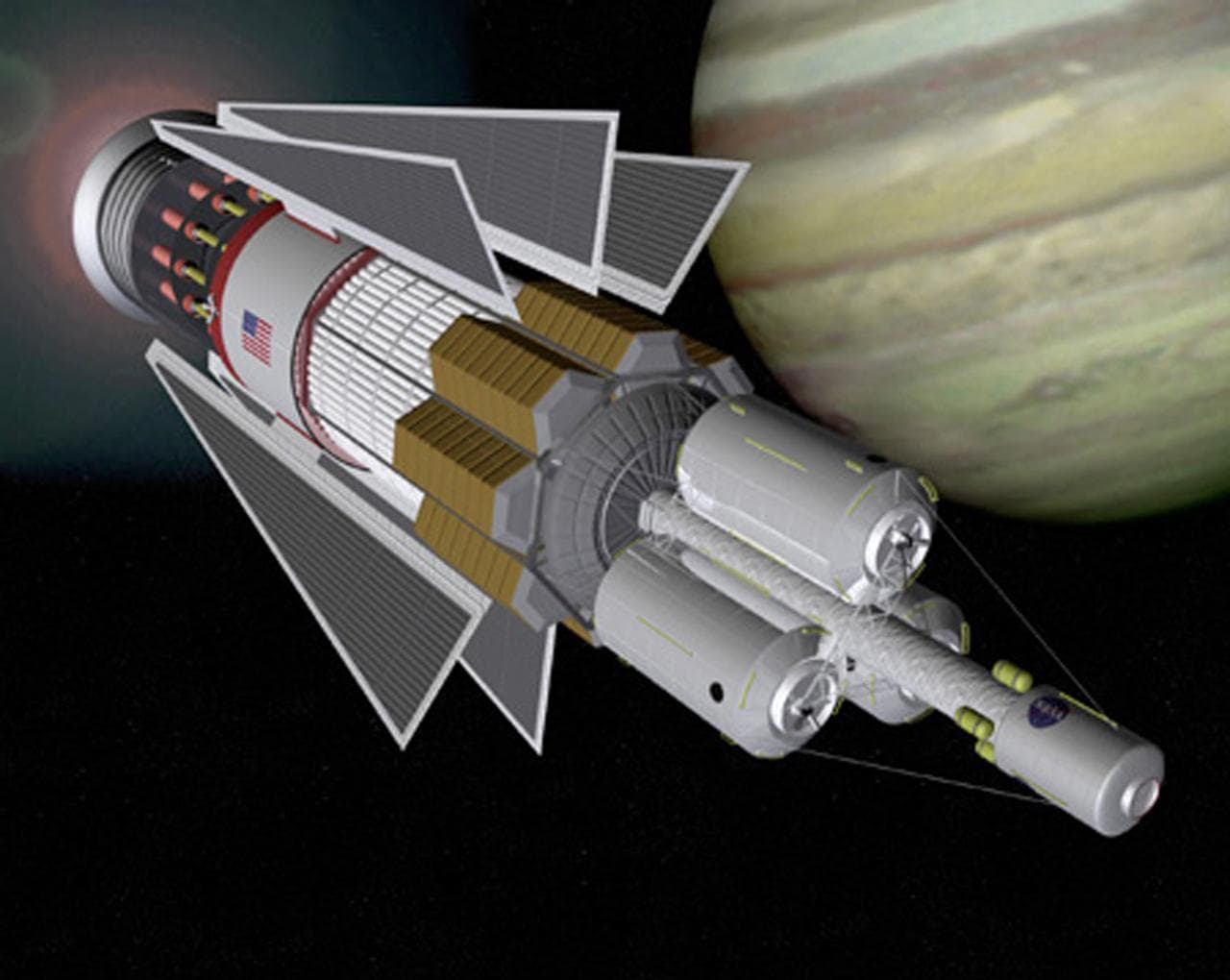1960s NASA concept illustration of the Project Orion nuclear pulse propulsion system